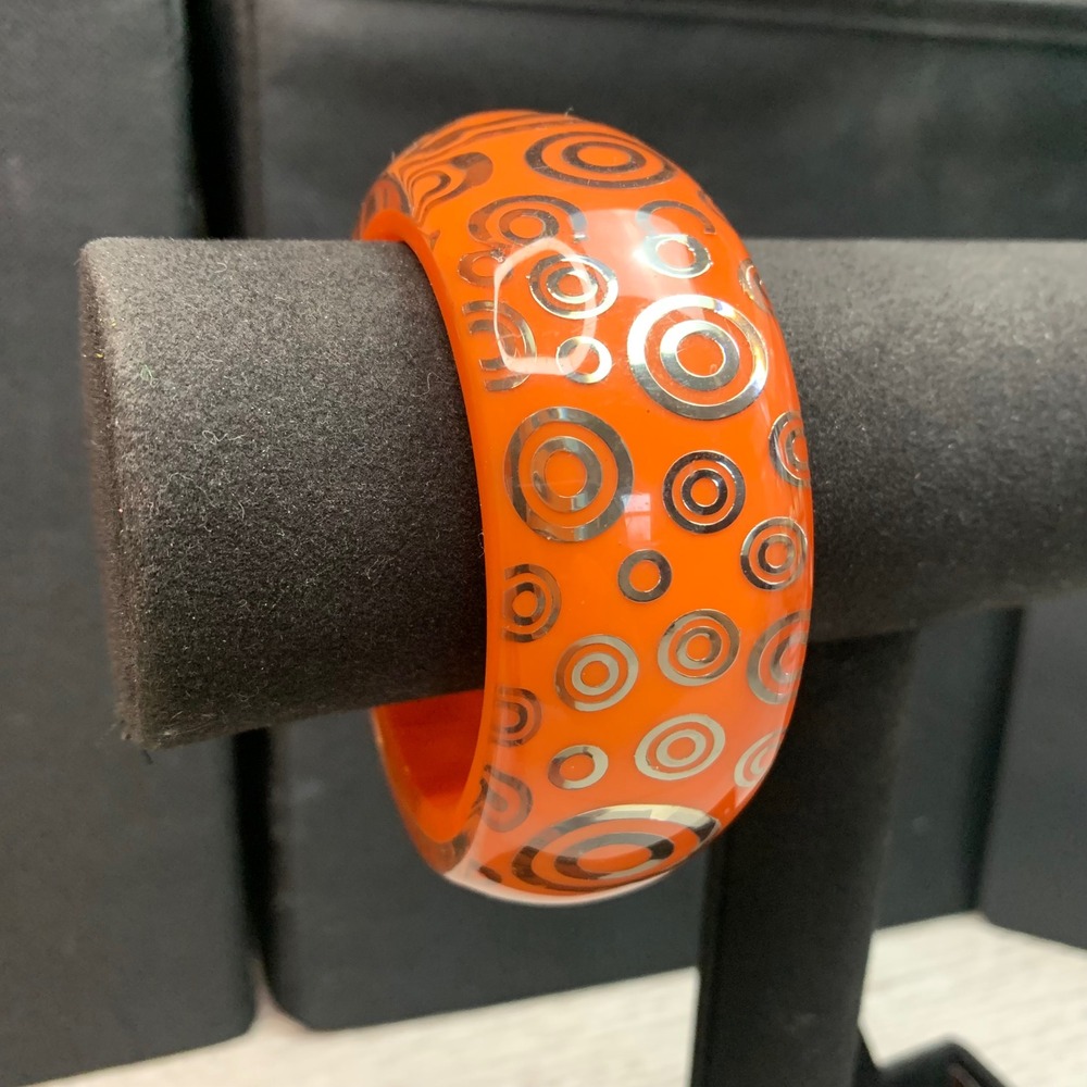 Vintage Orange Acrylic Bangle Bracelet Silver Concentric Circles Mod Y2K Chunky
